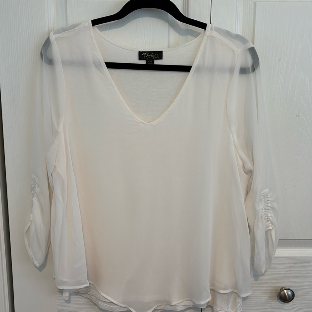 Long Sleeve V Neck White blouse with sheer sleeves Size Large